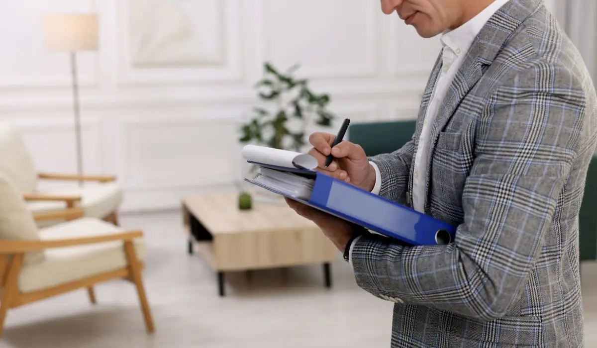 Professional conducting a property inspection with clipboard in hand, evaluating living space before first home purchase.