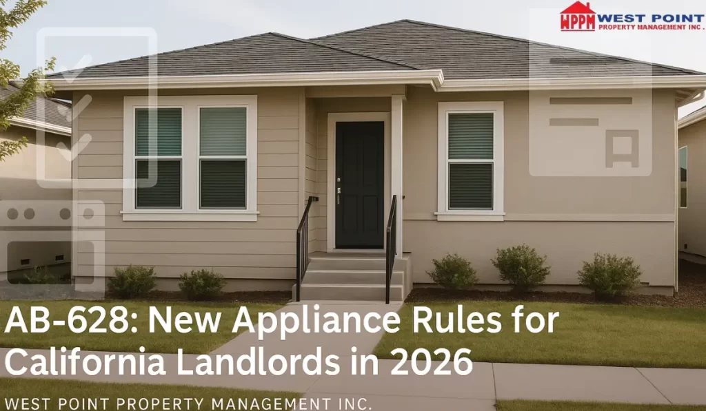 Single-family California rental property exterior with appliance icons and overlay text promoting AB-628 new compliance rules for landlords in 2026, created by West Point Property Management Inc.