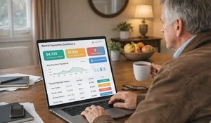 Landlord viewing Fast Rent Payments dashboard showing tenant deposits and scheduled disbursements online.