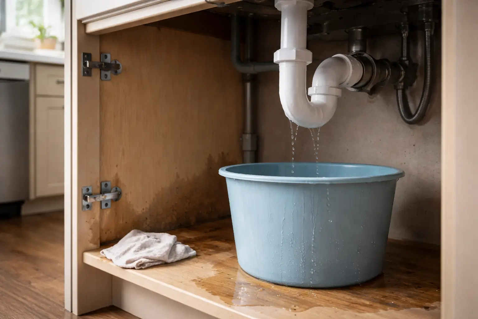 Property management services example showing early-stage water leak under sink with visible moisture damage in rental property cabinet.