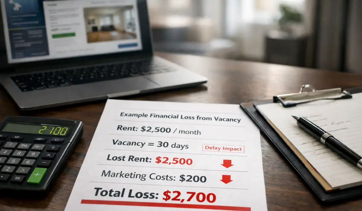 Tenant breaks the lease in California example showing rental income loss from vacancy including rent, marketing costs, and total financial impact for landlords